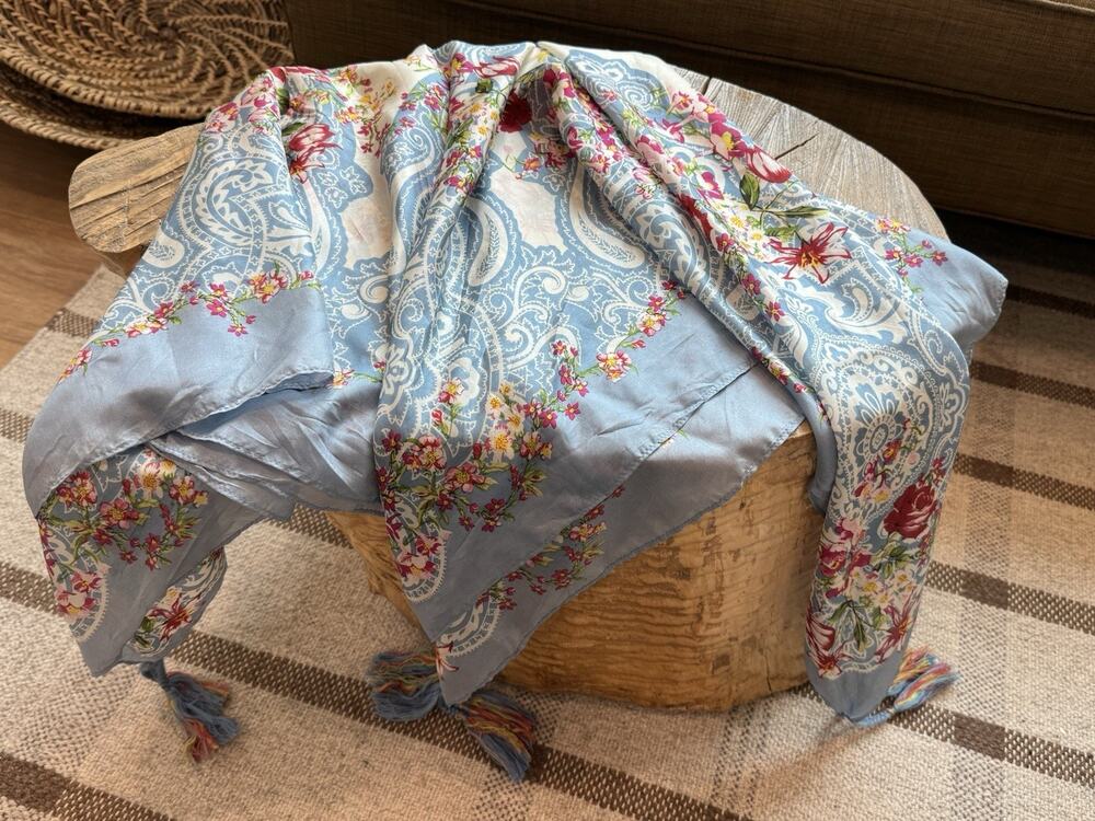 Johnny Was Silk Square Scarf Tassel Blue Pink Floral Grannycore Boho Large Wrap
